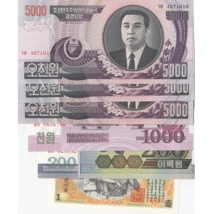 North Korea, 1 Won, 200 Won, 1000 Won and 5000 Won (3), 1947-2008, UNC, (Total 6 banknotes)