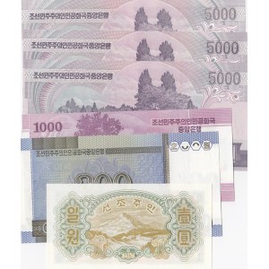 North Korea, 1 Won, 200 Won, 1000 Won and 5000 Won (3), 1947-2008, UNC, (Total 6 banknotes)