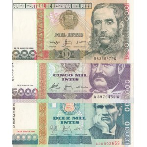 Peru, 1000 İntis, 5000 İntis and 10.000 İntis, 1988, UNC, p136 / p137 / p140, (Total 3 banknotes)