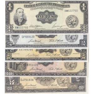 Philippines, 1 Peso, 2 Pesos, 5 Pesos, 10 Pesos and 20 Pesos, 1949, UNC, p133 /p134 /p135 / p135 /p137, (Total 5 banknotes)