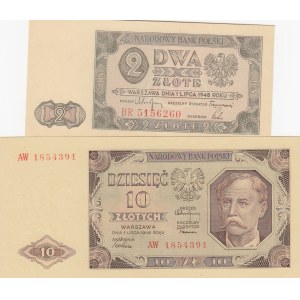 Poland, 2 Zlotych and 10 Zlotych, 1948, UNC, p134 /p136, (Total 2 banknotes)