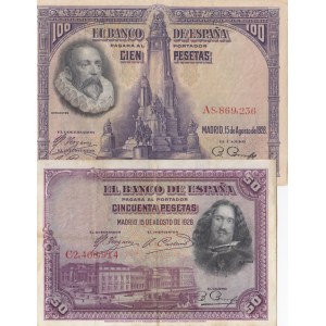 Spain, 50 Pesetas and 100 Pesetas, 1928, VF / XF, p75b / p76b, (Total 2 banknotes)