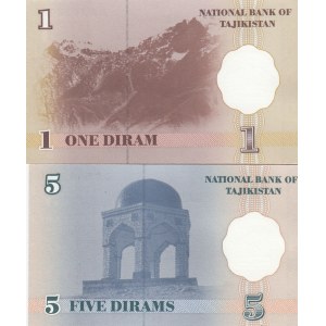 Tajikistan, 1 and 5 Dirams, 1999, UNC, p10 -p11, (Total 2 banknotes)