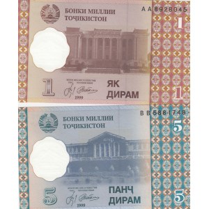 Tajikistan, 1 and 5 Dirams, 1999, UNC, p10 -p11, (Total 2 banknotes)