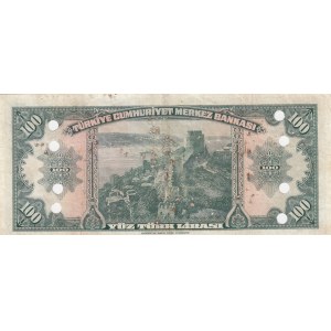 Turkey, 100 Lira, 1952, VF, p149, CANCELLED