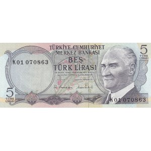 Turkey, 5 Lira, 1976, UNC, p185, K01
