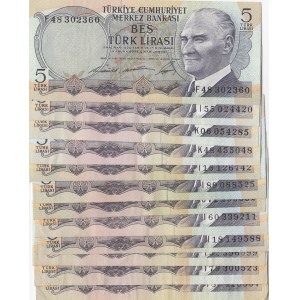 Turkey, 5 Lira, 1968-1976, VF / AUNC, p179 / p185, (Total 15 banknotes)