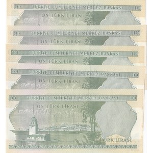 Turkey, 10 Lira, 1975, AUNC, p186, (Total 5 banknotes)