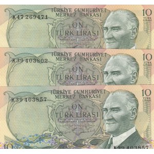 Turkey, 10 Lira, 1975, UNC, p186, (Total 3 banknotes)