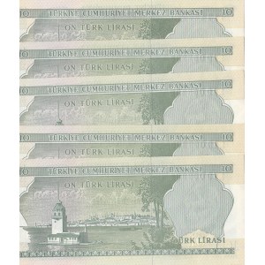 Turkey, 10 Lira, 1975, UNC, p186, (Total 5 banknotes)