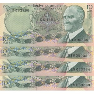 Turkey, 10 Lira, 1975, UNC, p186, (Total 4 banknotes)
