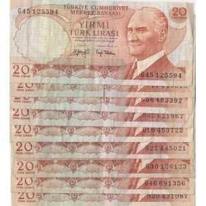 Turkey, 20 Lira, 1979, VF, p187, (Total 9 banknotes)