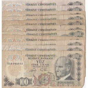 Turkey, 100 Lira, 1972-1979, FINE / VF, p189, (Total 19 banknotes)