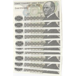 Turkey, 10 Lira, 1982, UNC, p193, (Total 10 consecutive banknotes)
