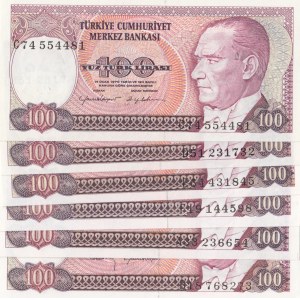 Turkey, 100 Lira, 1983-1984, UNC, p194, (Total 6 banknotes)