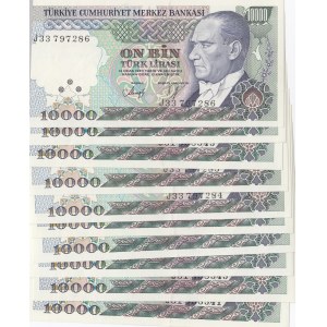 Turkey, 10.000 Lira, 1993, UNC, p200, (Total 10 banknotes)