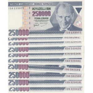 Turkey, 250.000 Lira, 1998, UNC, p211, (Total 10 banknotes)