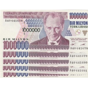 Turkey, 1.000.000 Lira, 1995, AUNC (+), p209a, (Total 5 consecutive banknotes)