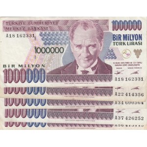 Turkey, 1.000.000 Lİra, 1995, VF / XF, p209a, (Total 5 banknotes)