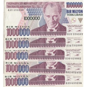 Turkey, 1.000.000 Lİra, 1995, XF / AUNC, p209a, (Total 5 banknotes)