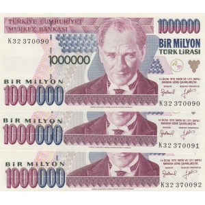 Turkey, 1.000.000 Lira, 1996, UNC, p209a, (Total 3 consecutive banknotes)