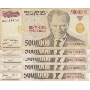 Turkey, 5.000.000 Lİra, 1997, VF / XF, p210a / p210b, (Total 5 banknotes)