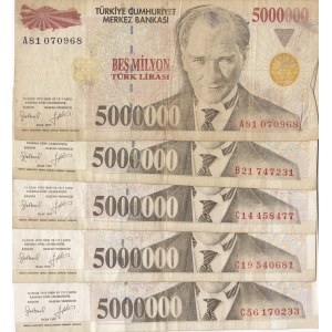 Turkey, 5.000.000 Lİra, 1997, VF / XF, p210a, (Total 5 banknotes)
