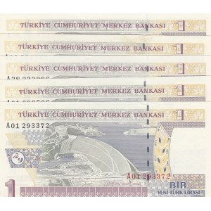 Turkey, 1 New Turkish Lira, 2005, UNC, p216, (Total 5 banknotes)