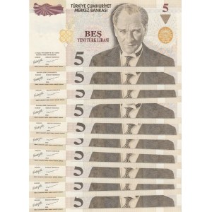Turkey, 5 New Turkish Lira, 2005, UNC, p217, (Total 10 banknotes)