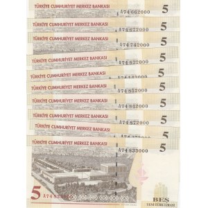 Turkey, 5 New Turkish Lira, 2005, UNC, p217, (Total 10 banknotes)