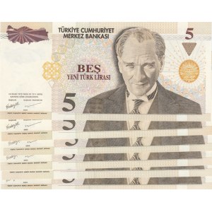 Turkey, 5 New Turkish Lira, 2005, UNC, p217, (Total 6 banknotes)