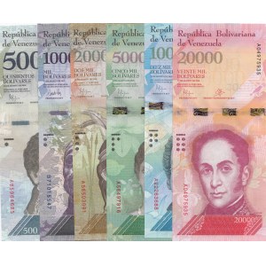 Venezuela, 500 Bolivares, 1000 Bolivares, 2000 Bolivares, 5000 Bolivares, 10000 Bolivares and 20000 Bolivares, 2016-2017, UNC, (Total 6 banknotes)