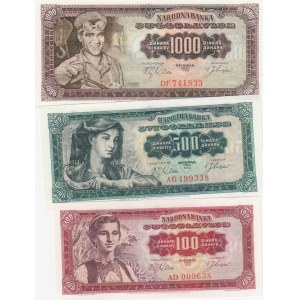 Yugoslavia, 100 Dinara, 500 Dinara and 1000 Dinara, 1963, UNC, p73 / p74 / p75, (Total 3 banknotes)