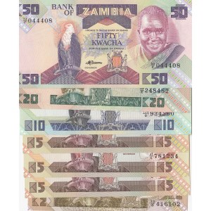 Zambia, 2 Kwacha 5 Kwacha (3), 10 Kwacha, 20 Kwacha and 50 Kwacha, 1980-1996, UNC, (Total 7 banknotes