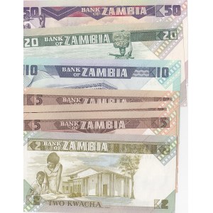 Zambia, 2 Kwacha 5 Kwacha (3), 10 Kwacha, 20 Kwacha and 50 Kwacha, 1980-1996, UNC, (Total 7 banknotes