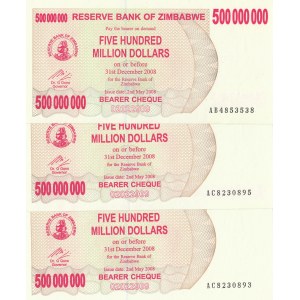 Zimbabwe, 500.000.000 Dollars, 2008, UNC, p60, (Total 3 banknotes)