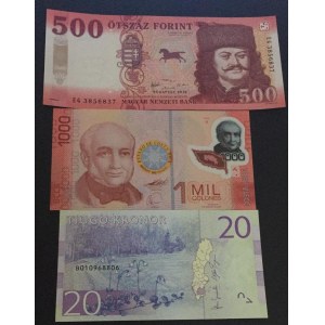 Sweden, 20 Kronor, 2015; Hungary 500 Forint 2018; Costa Rica 1000 Colones 2009 and Uruguay 20 Pesos 2011, Burma 1 Kyat 1958, UNC, (Total 5 banknotes)