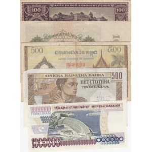 Serbia 500 Dinara, 1941, VF; Cambodia 500 Riels, 1972, VF; Hungary 100 Pengö, 1945, VF; Turkey 1.000.000 Lira, 1996, AUNC; Germany 10.000 Mark, 1922, XF, (Total 5 banknotes)