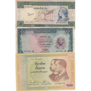 Syria 100 Pounds 1977-1990, VF, p104; Egypt 1 Pound 1961-1967 VF p37; Tahiland 100 Ticals 2002 AUNC p110