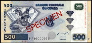 Kongo. 500 franků 2002 Vzorek