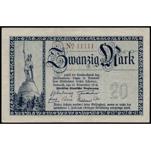 Germany. Detmold 20 Mark 1918 Solid Serial Number 11111