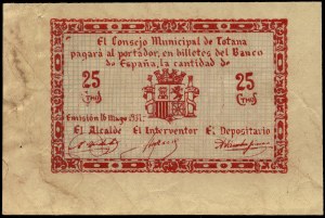Španělsko. Totana 25 Centimos 1937 Občanská válka