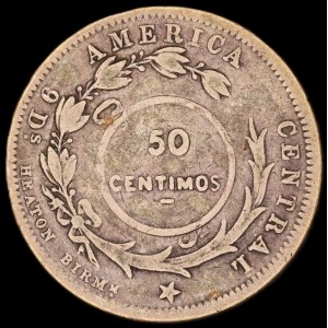 Costa Rica. 50 Centimos 1923 C/M Over 1889