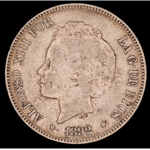 Spain. 5 Pesetas 1892 PG M