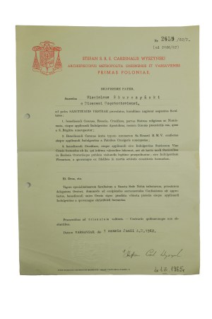 WYSZYŃSKI Stefan - pismo na druku z nagłówkeim kardynała i AUTOGRAFEM Stefana Wyszyńskiego
