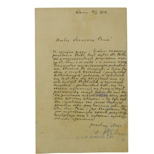 Oswald BALZER [1858-1933] odręczny list z podziękowaniem za dary [książki] na cele naszych bibliotek, datowany Lwów 4.I.1904r.