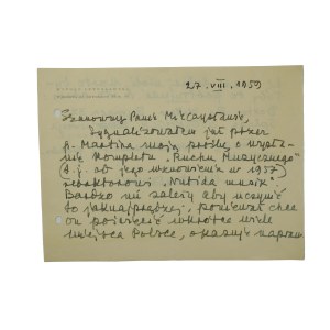 Witold LUTOSŁAWSKI [1913-1994] korespondencja na papierze z nagłówkiem kompozytora, datowana 27.VIII.1959r., autograf