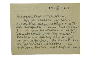 Witold LUTOSŁAWSKI [1913-1994] korespondencja na papierze z nagłówkiem kompozytora, datowana 27.VIII.1959r., autograf