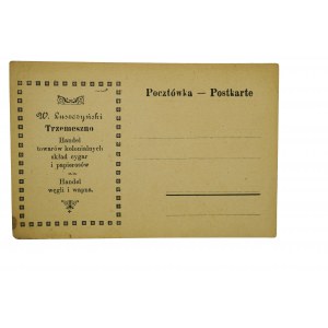 [TRZEMESZNO] Pocztówka reklamowa Handel towarów kolonialnych, skład cygar i papierosów. Handel węgli i wapna W. Łuszczyński, Trzemeszno