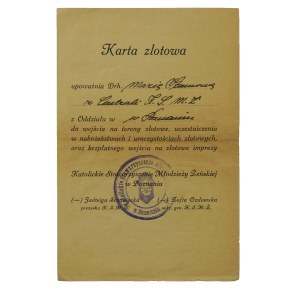 Karta zlotowa dla druhny z Centrali KPMŻ w Poznaniu na zlot jubileuszowy 28-29.V.1939r.